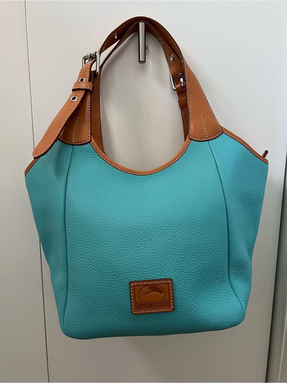 Dooney & Bourke Turquoise Pebbled Leather Tote with Tan Trim